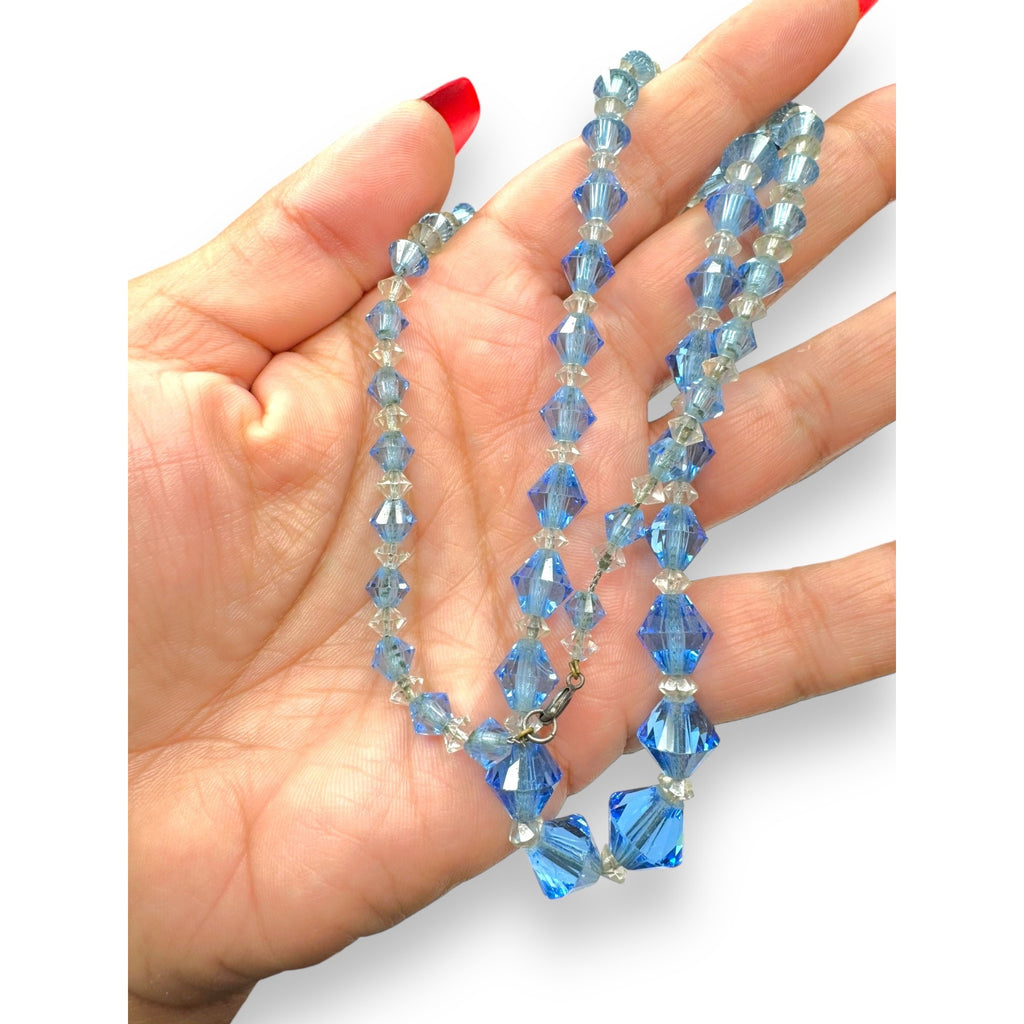 Blue Clear Crystal Beaded Necklace Sterling Silver Spring Ring Clasp Vintage