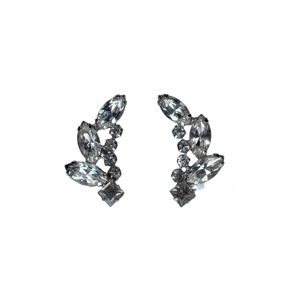 Kramer Clip on Climber Earrings Clear Crystal Silver Tone Leaf 1950s Vintage