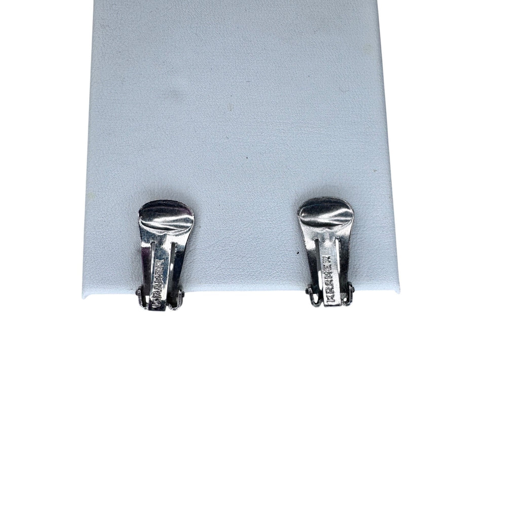 Kramer Clip on Climber Earrings Clear Crystal Silver Tone Leaf 1950s Vintage