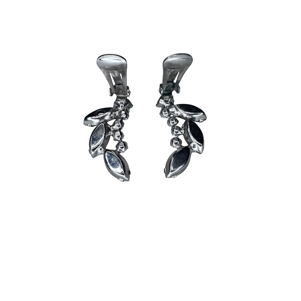 Kramer Clip on Climber Earrings Clear Crystal Silver Tone Leaf 1950s Vintage