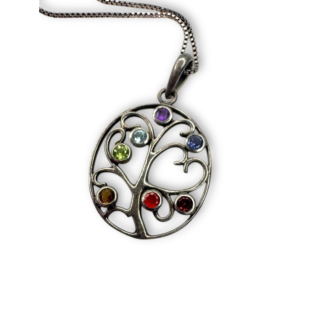 Sterling Silver Tree Of Life Gemstone Pendant Necklace 925 Box Chain 24"