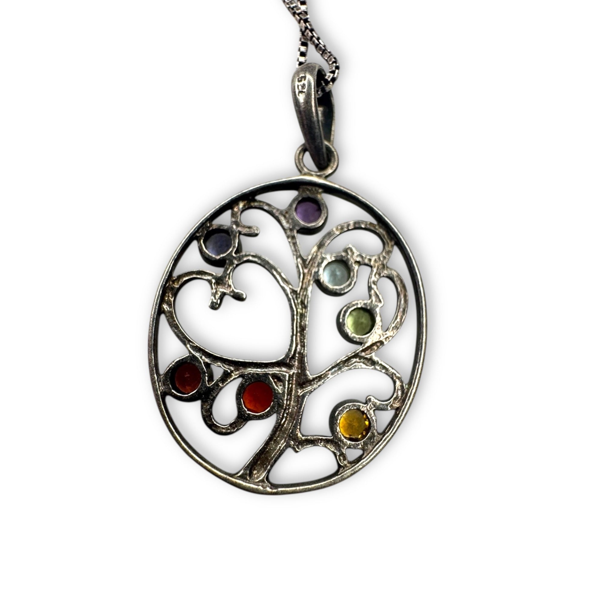 Sterling Silver Tree Of Life Gemstone Pendant Necklace 925 Box Chain 24"