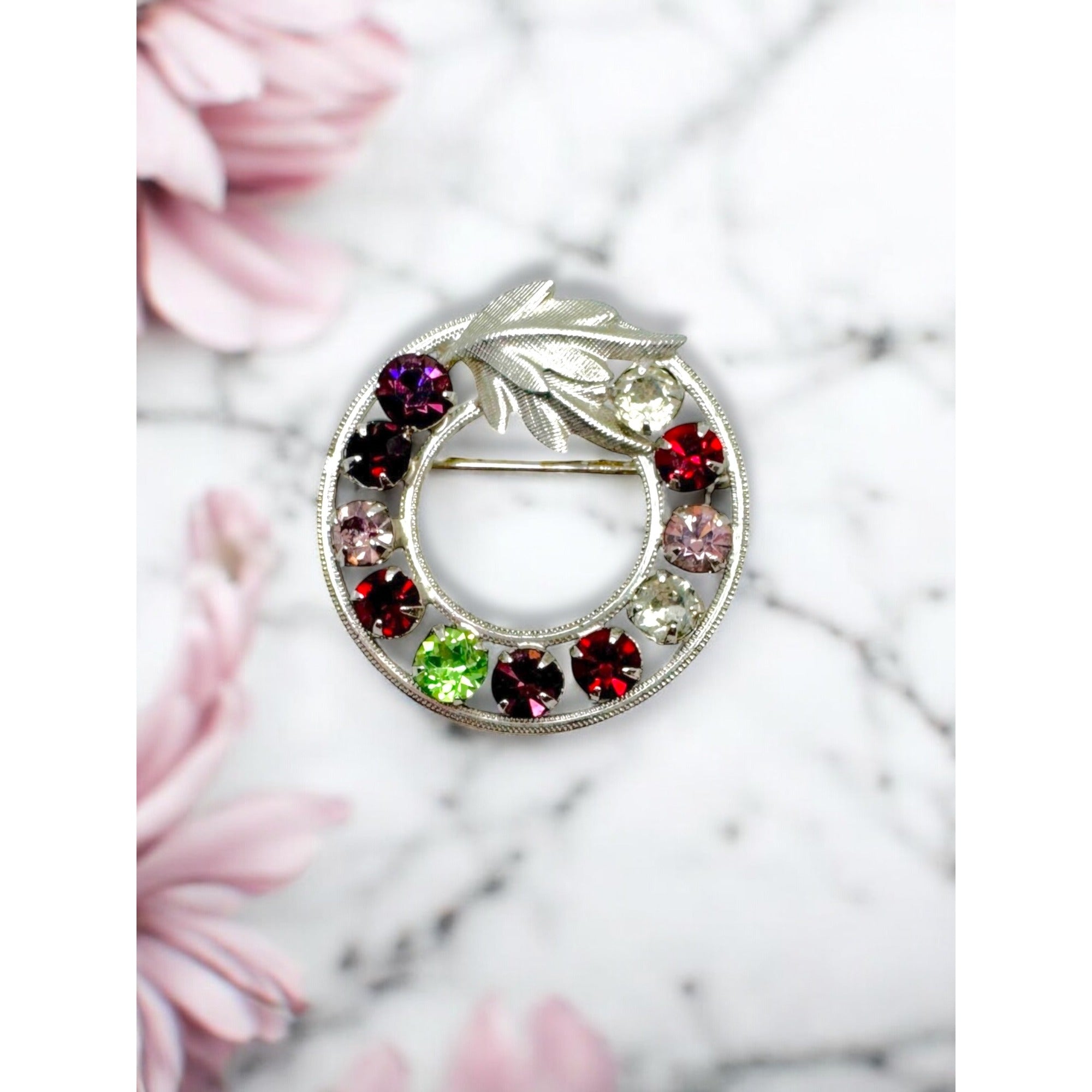 Vintage Curtis Designs Rhinestone Circle Brooch Multicolor Stones Silver-Tone