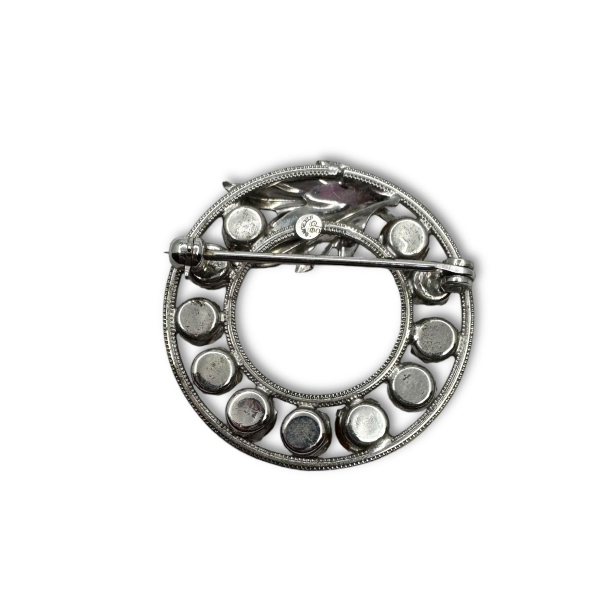 Vintage Curtis Designs Rhinestone Circle Brooch Multicolor Stones Silver-Tone