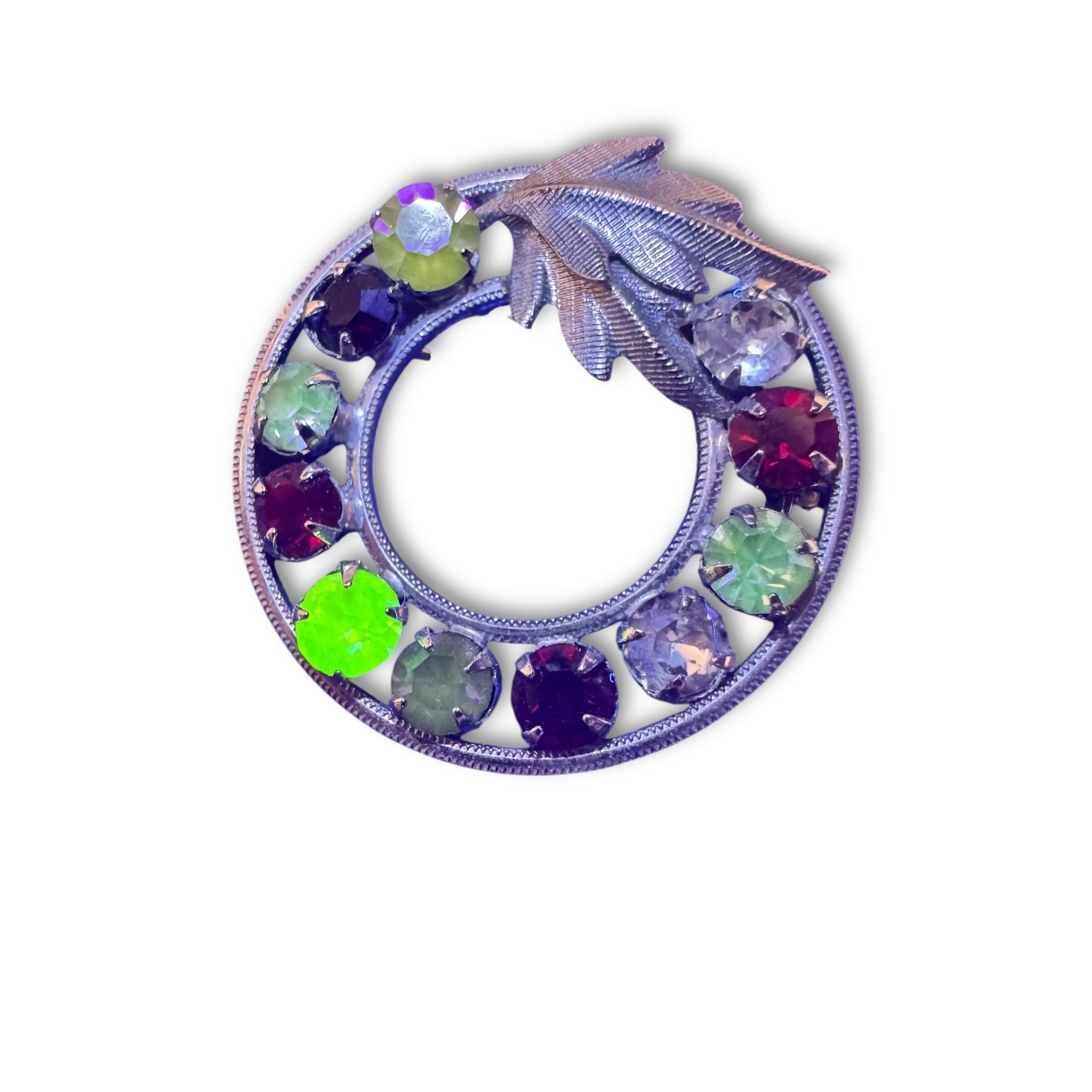 Vintage Curtis Designs Rhinestone Circle Brooch Multicolor Stones Silver-Tone