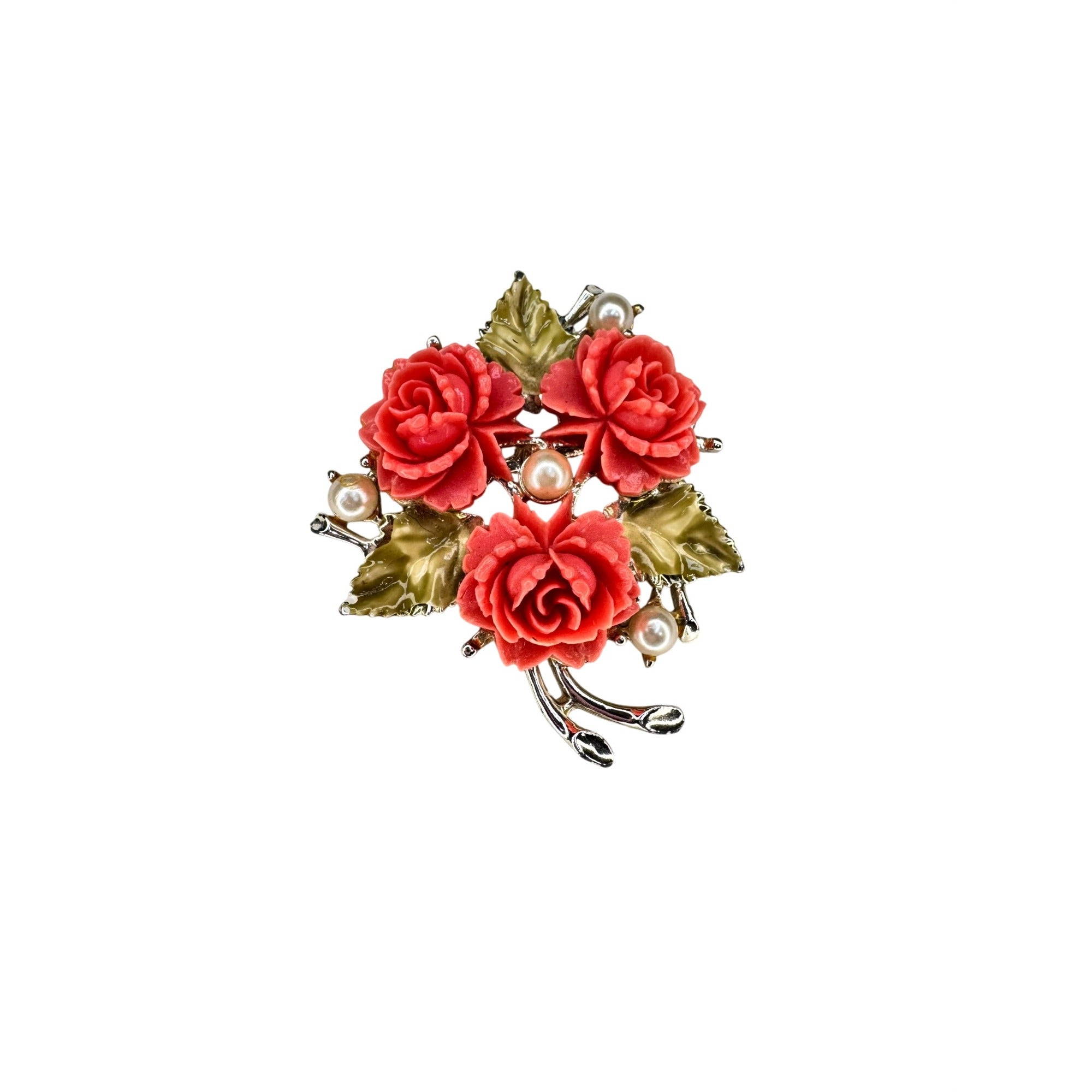 Pink Coral Acrylic Rose Brooch Faux Pearl Enamel Leaf Gold Tone 1980s Vintage