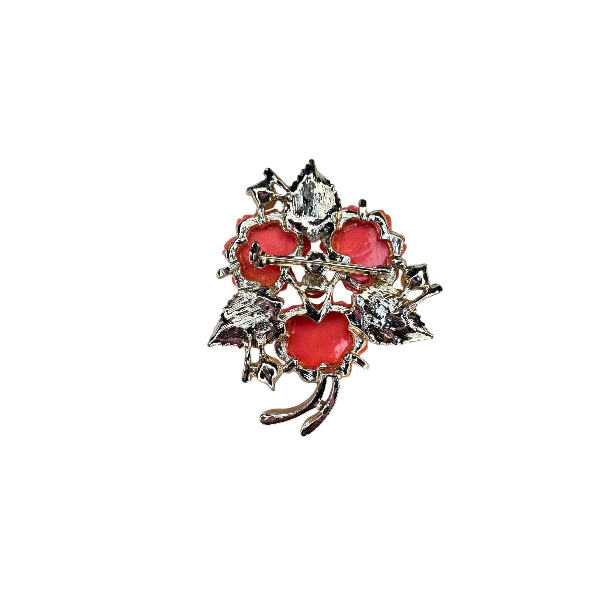 Pink Coral Acrylic Rose Brooch Faux Pearl Enamel Leaf Gold Tone 1980s Vintage
