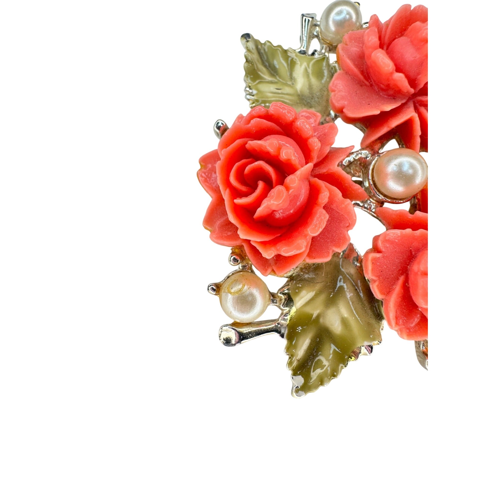 Pink Coral Acrylic Rose Brooch Faux Pearl Enamel Leaf Gold Tone 1980s Vintage