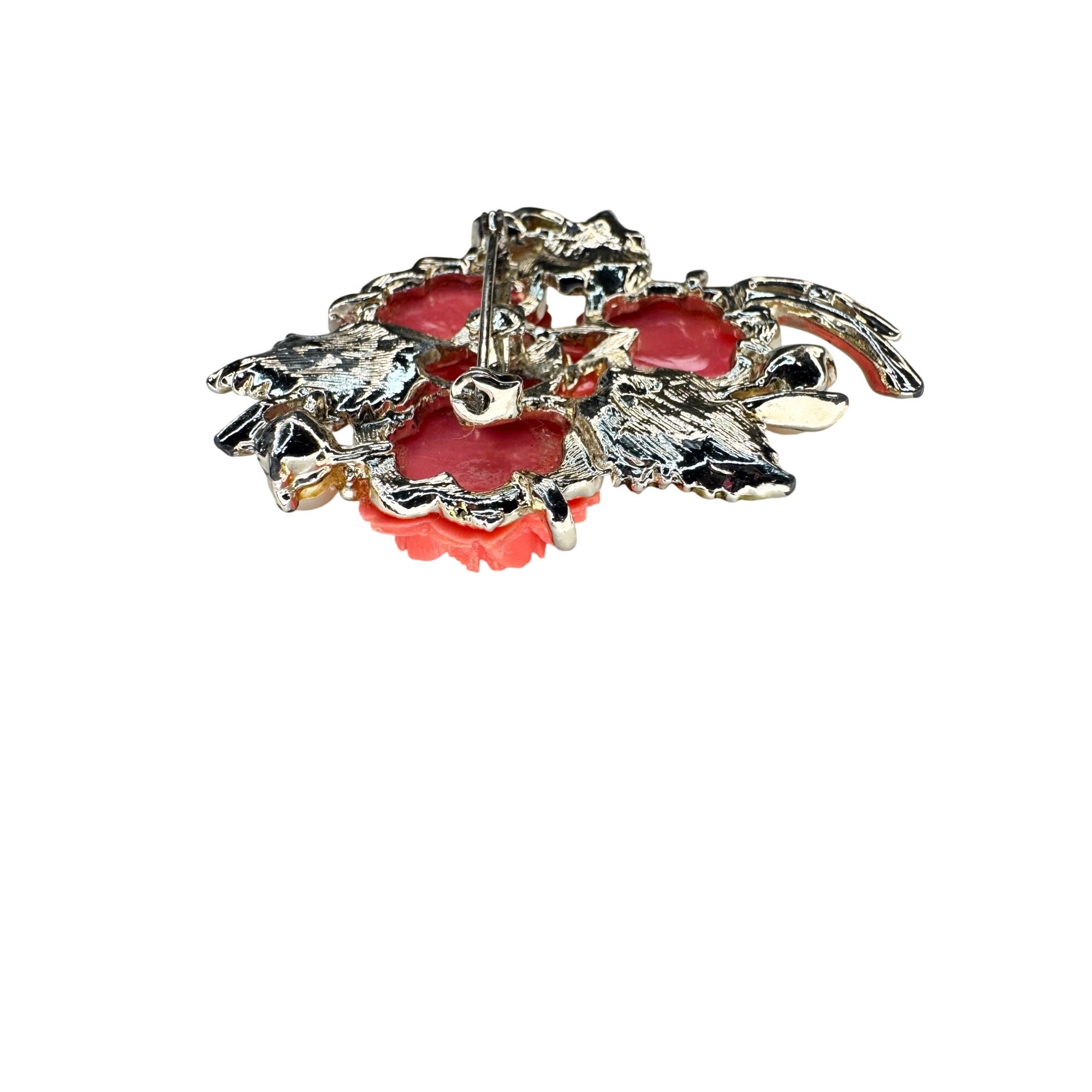 Pink Coral Acrylic Rose Brooch Faux Pearl Enamel Leaf Gold Tone 1980s Vintage