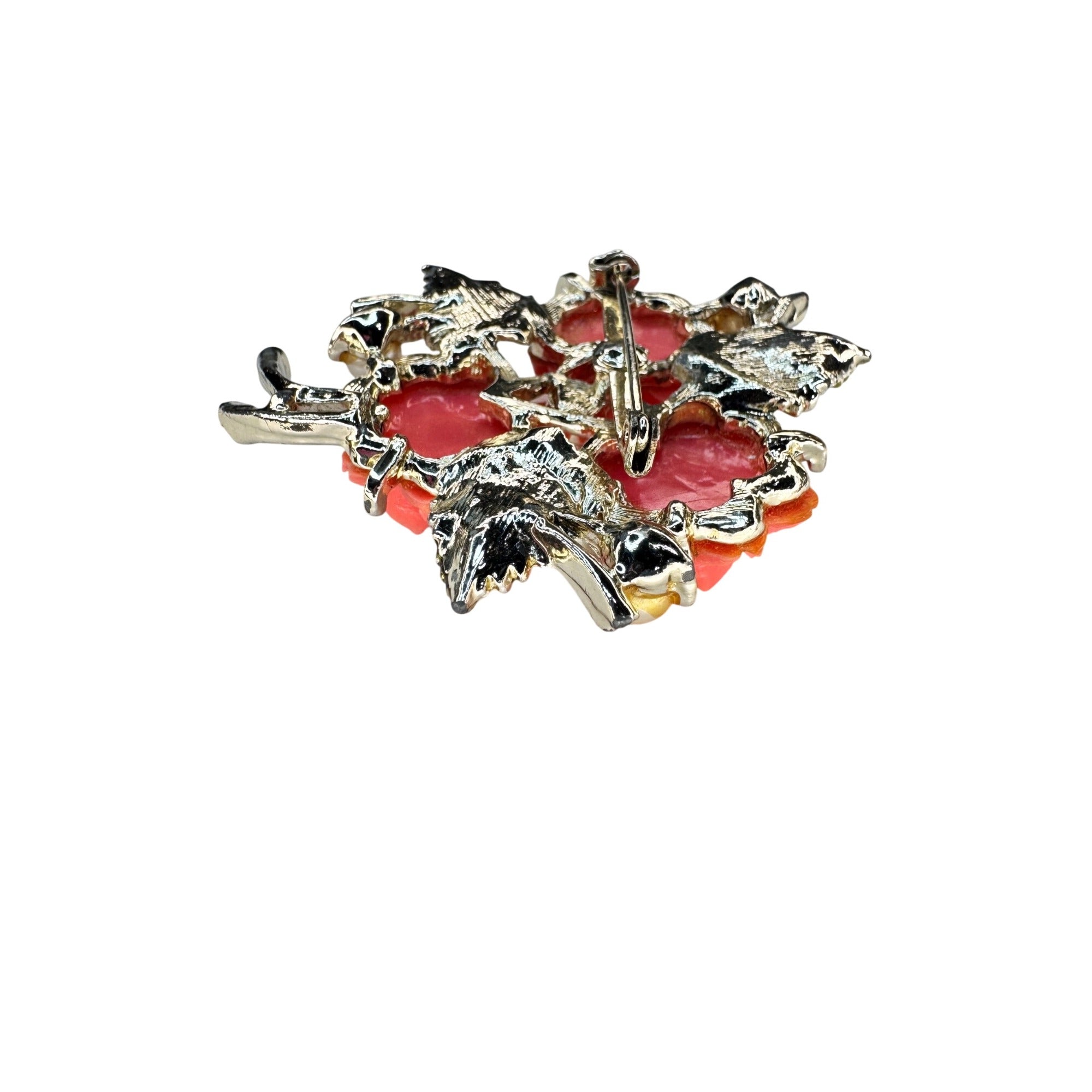 Pink Coral Acrylic Rose Brooch Faux Pearl Enamel Leaf Gold Tone 1980s Vintage