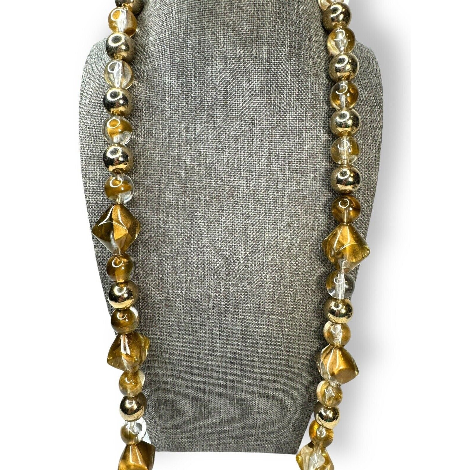 Vintage Arthur David Marbled Gold Acrylic Lucite Bead Necklace 30" UV Reactive