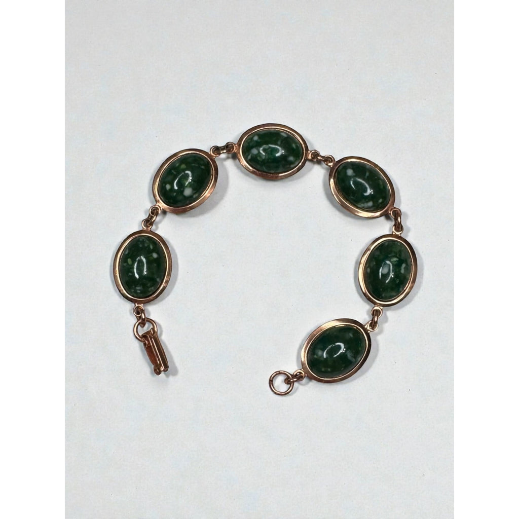 Green Speckled Cabochon Link Bracelet Copper Tone Oval Panels 1970s Vintage