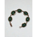 Green Speckled Cabochon Link Bracelet Copper Tone Oval Panels 1970s Vintage