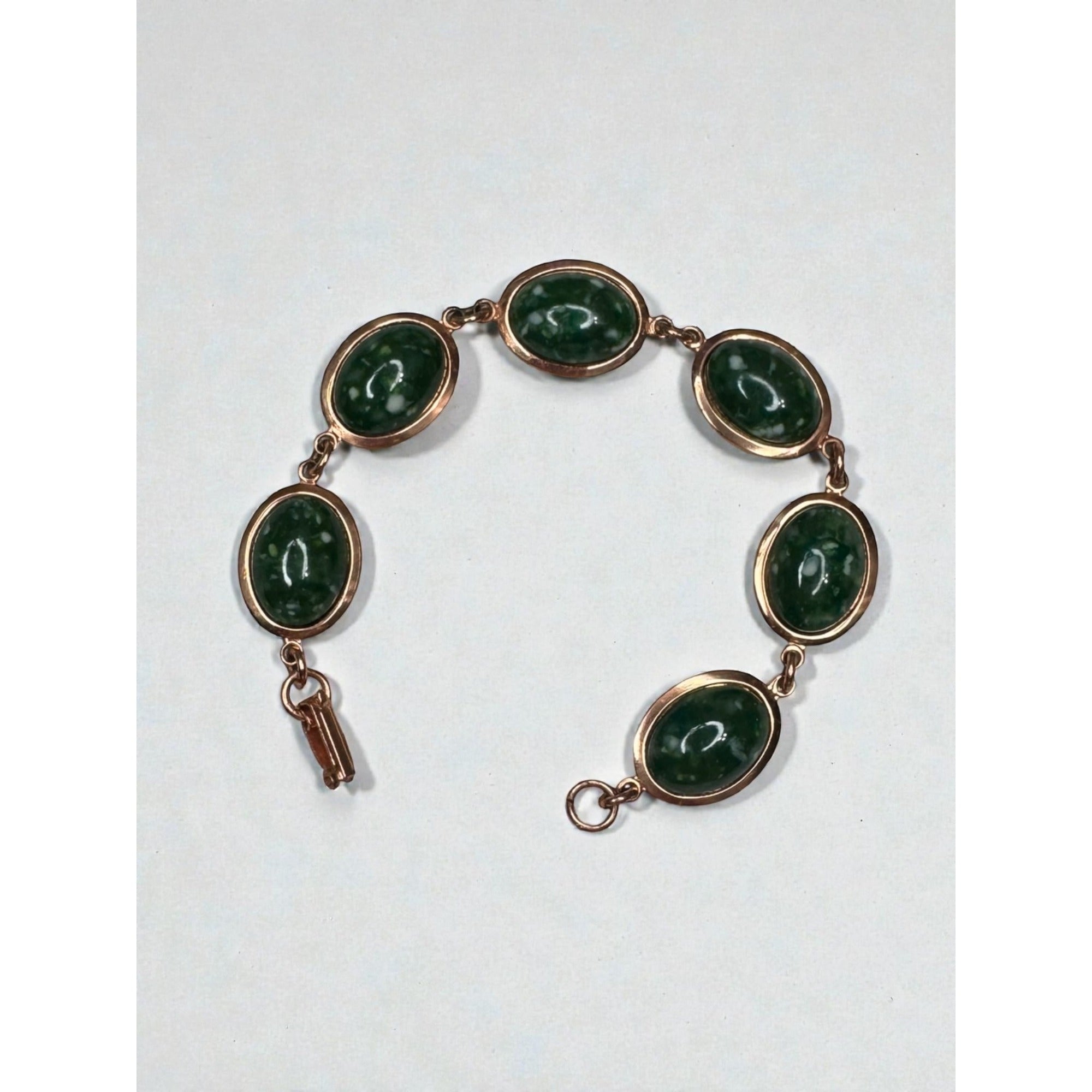 Green Speckled Cabochon Link Bracelet Copper Tone Oval Panels 1970s Vintage
