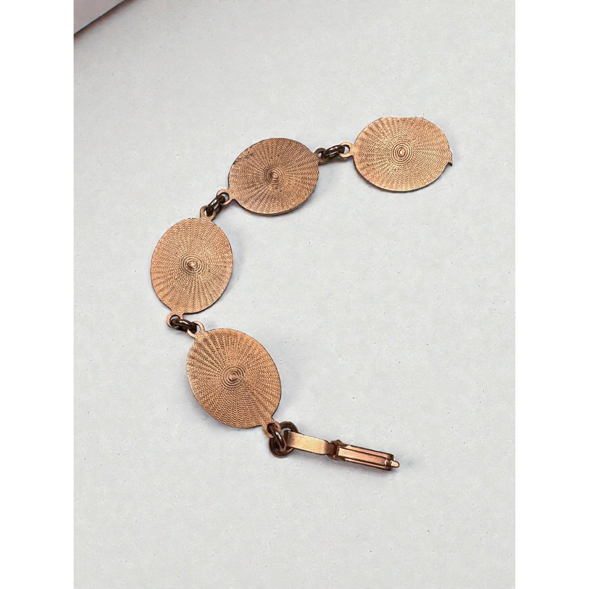 Green Speckled Cabochon Link Bracelet Copper Tone Oval Panels 1970s Vintage