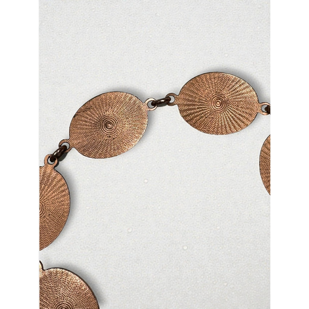 Green Speckled Cabochon Link Bracelet Copper Tone Oval Panels 1970s Vintage
