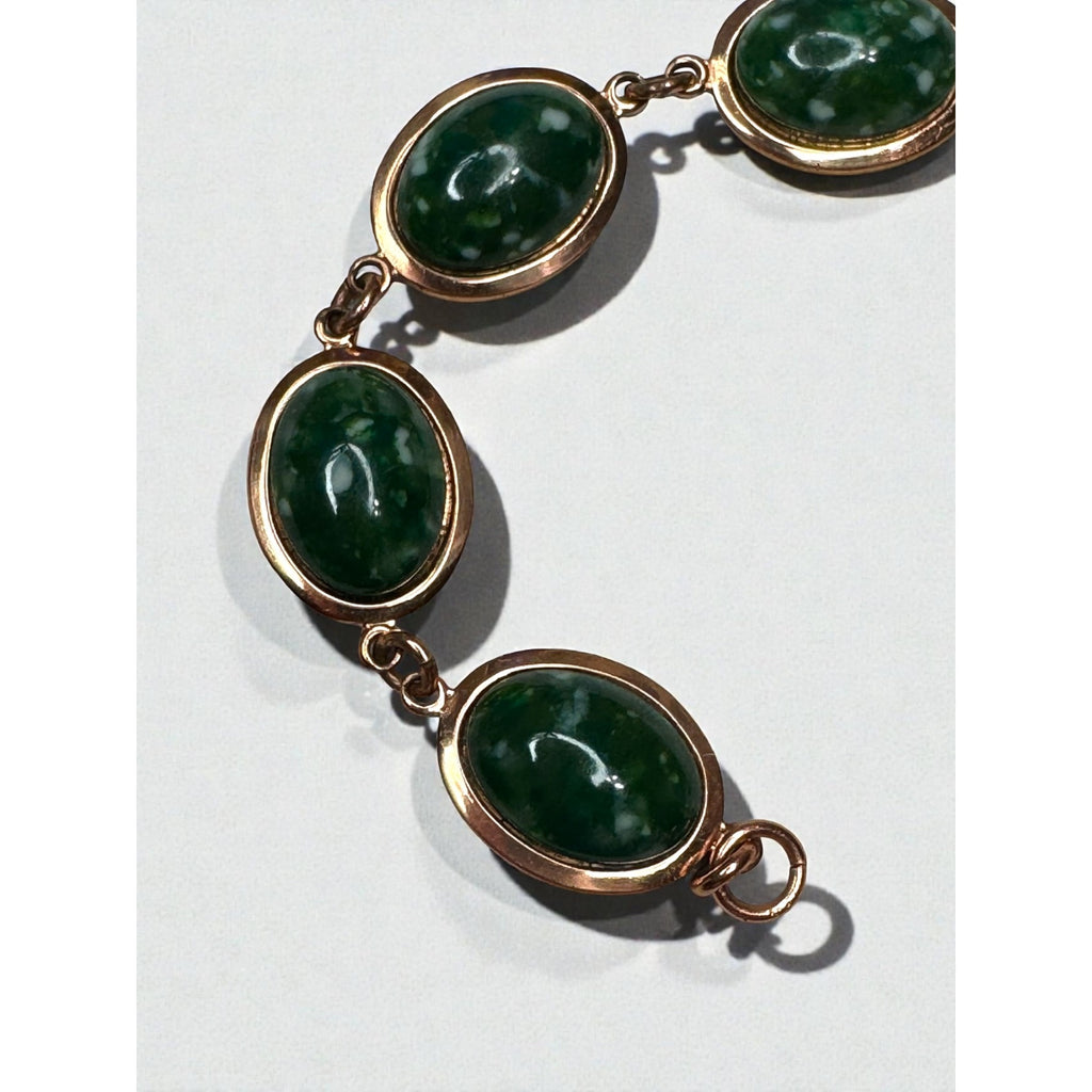 Green Speckled Cabochon Link Bracelet Copper Tone Oval Panels 1970s Vintage