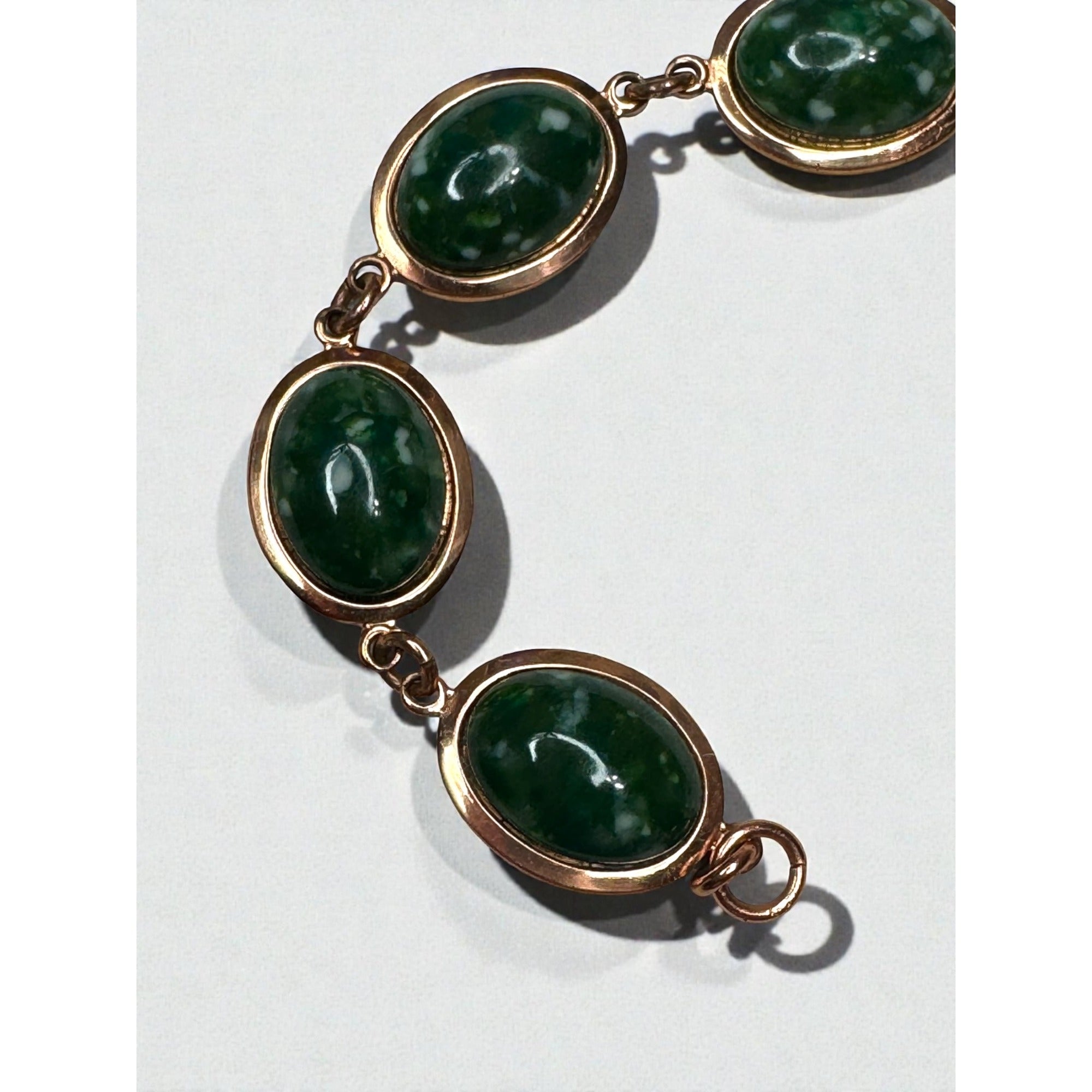 Green Speckled Cabochon Link Bracelet Copper Tone Oval Panels 1970s Vintage