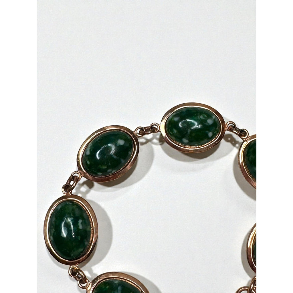 Green Speckled Cabochon Link Bracelet Copper Tone Oval Panels 1970s Vintage