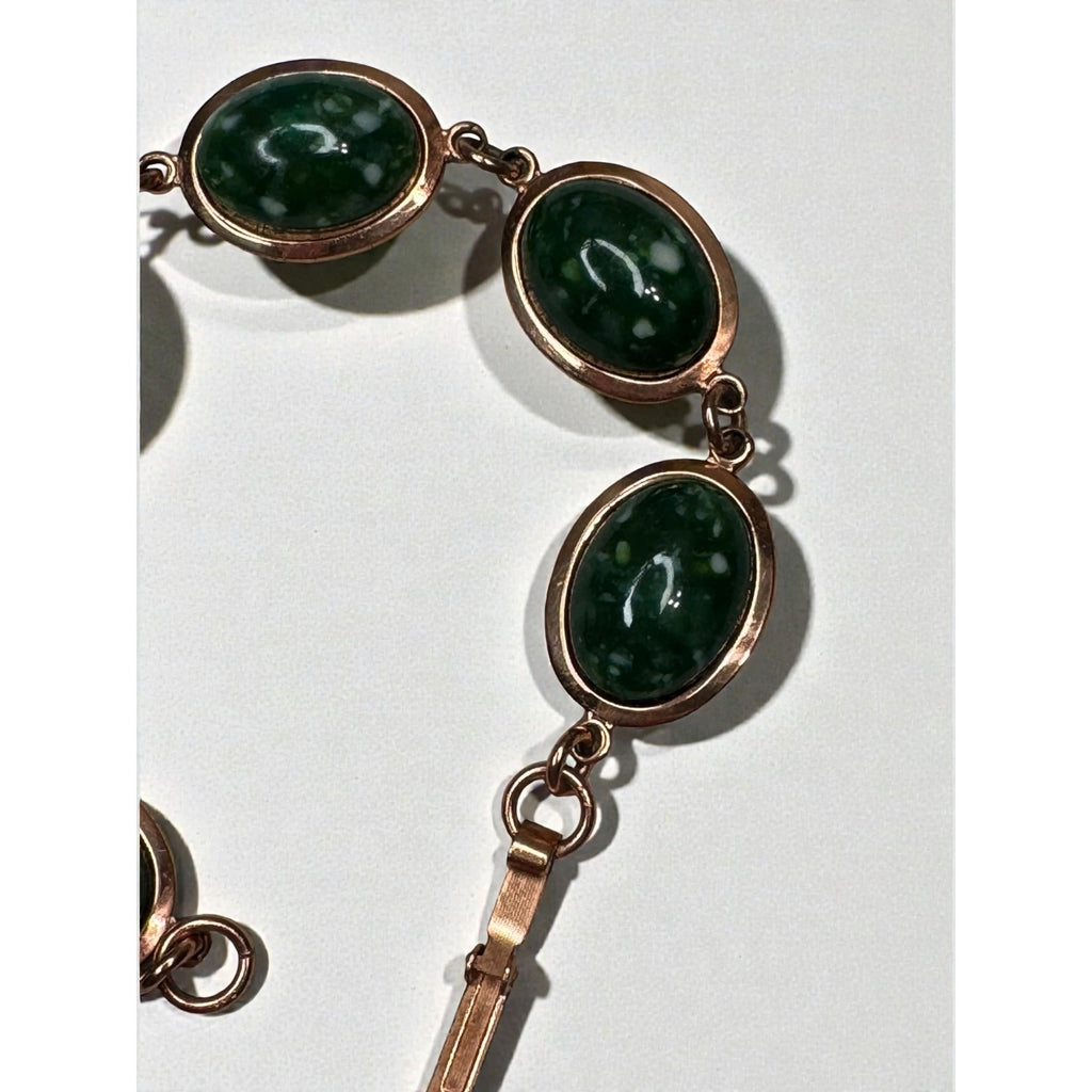 Green Speckled Cabochon Link Bracelet Copper Tone Oval Panels 1970s Vintage
