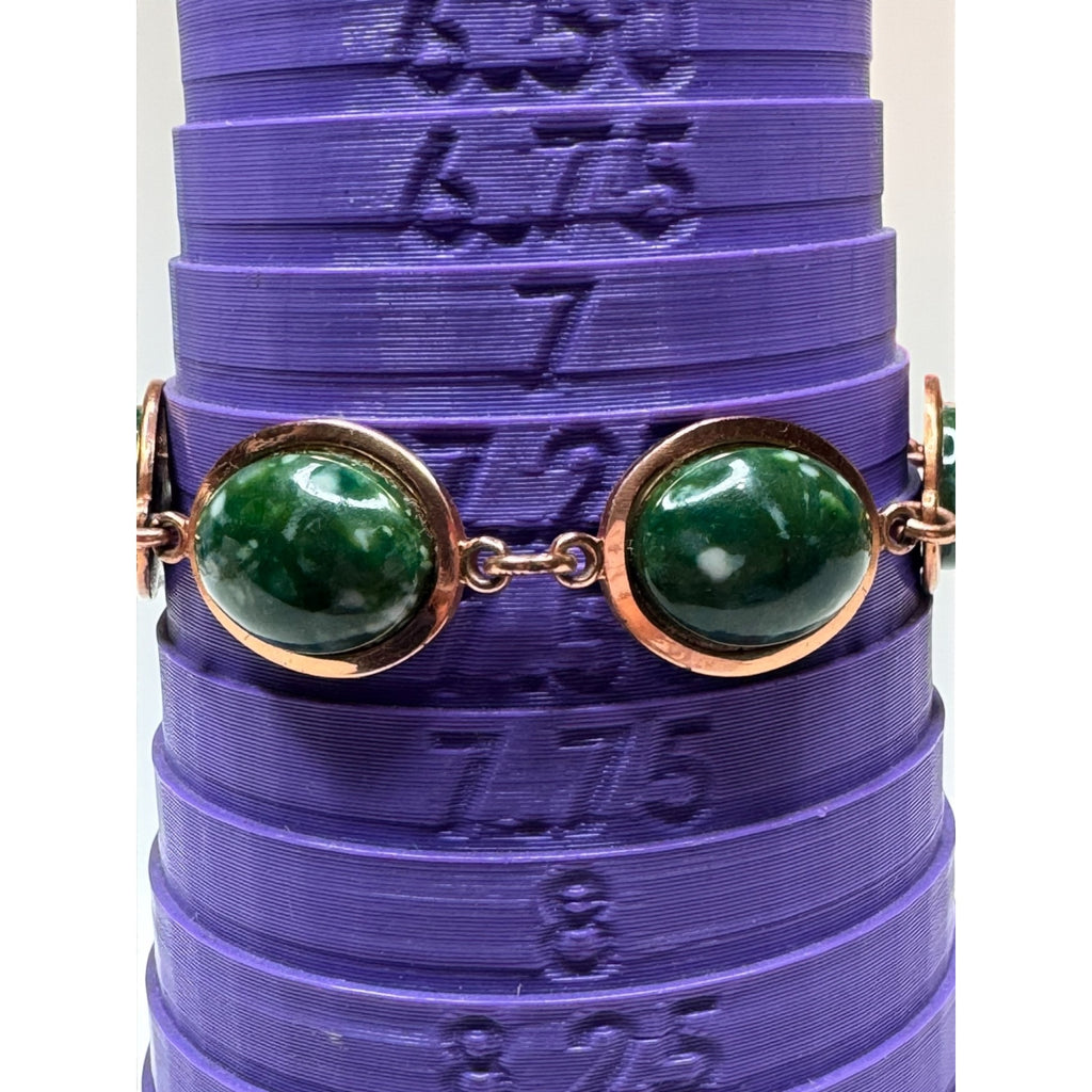Green Speckled Cabochon Link Bracelet Copper Tone Oval Panels 1970s Vintage