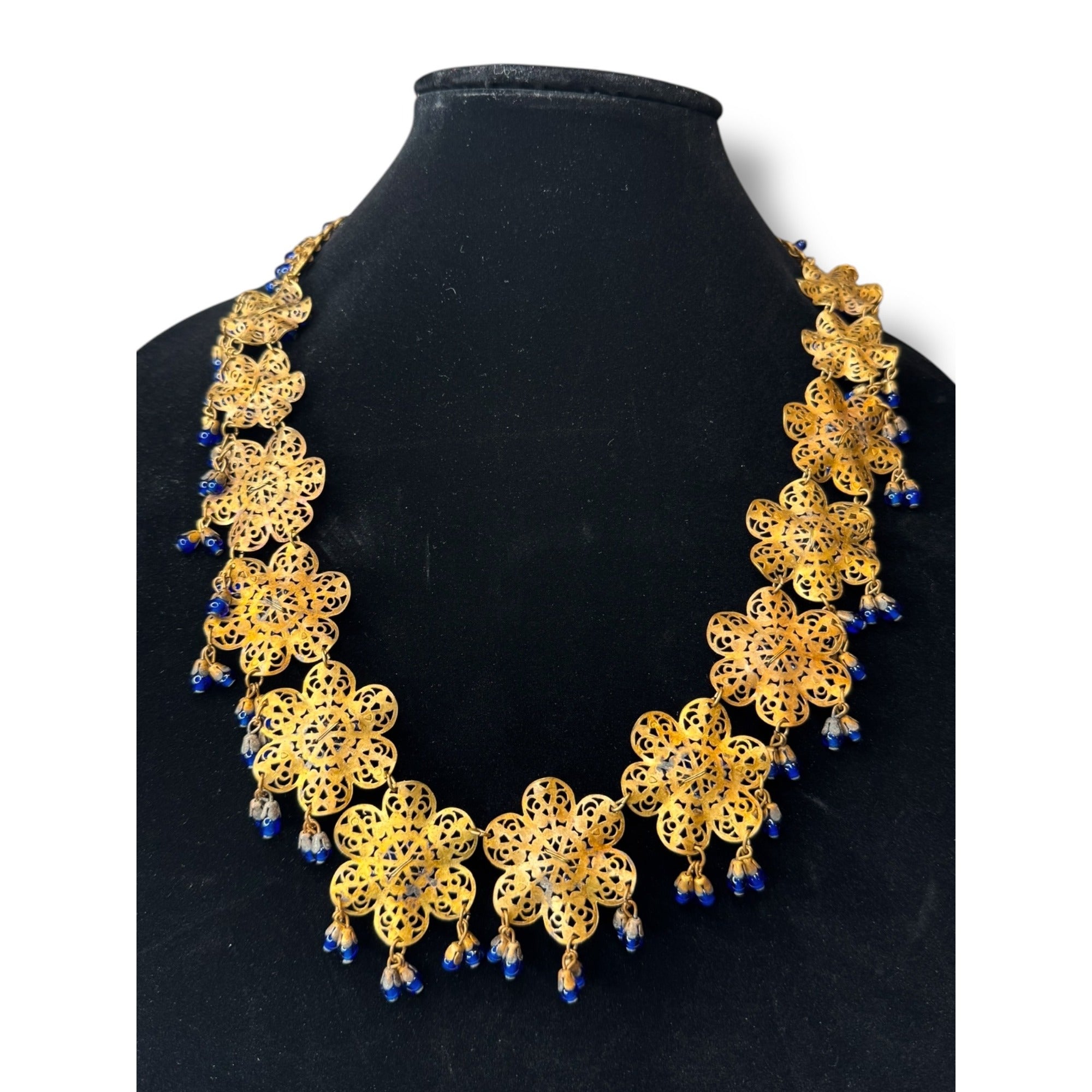 Vintage Miriam Haskell Filigree Floral Necklace Blue Glass Beads 1930s Pre-war