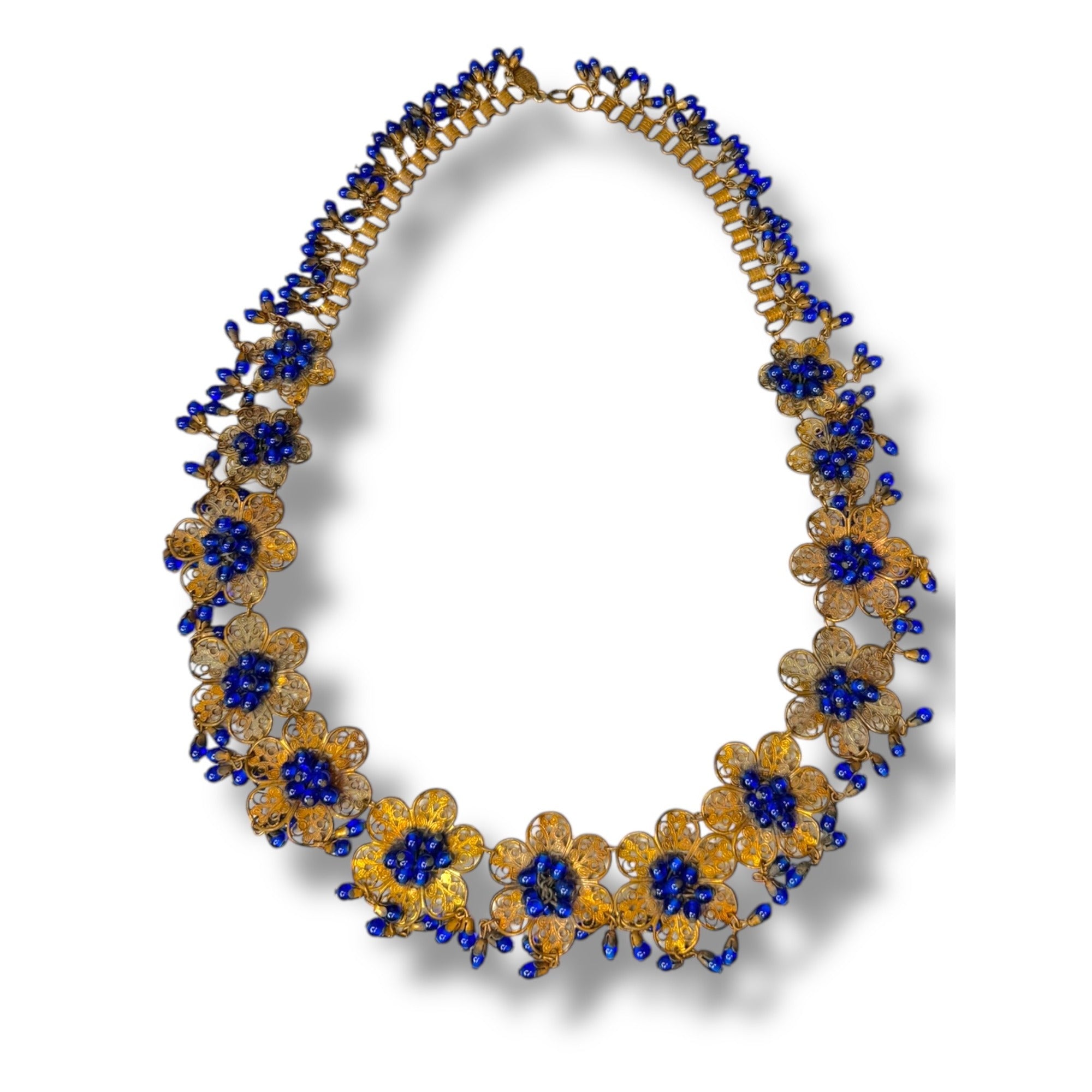 Vintage Miriam Haskell Filigree Floral Necklace Blue Glass Beads 1930s Pre-war