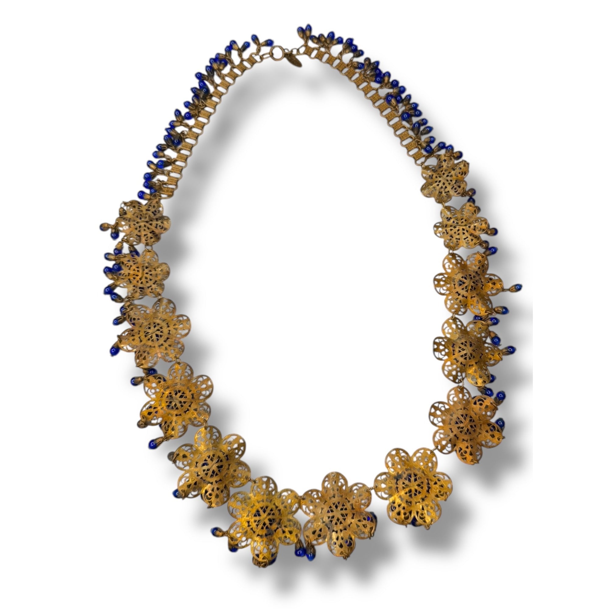 Vintage Miriam Haskell Filigree Floral Necklace Blue Glass Beads 1930s Pre-war