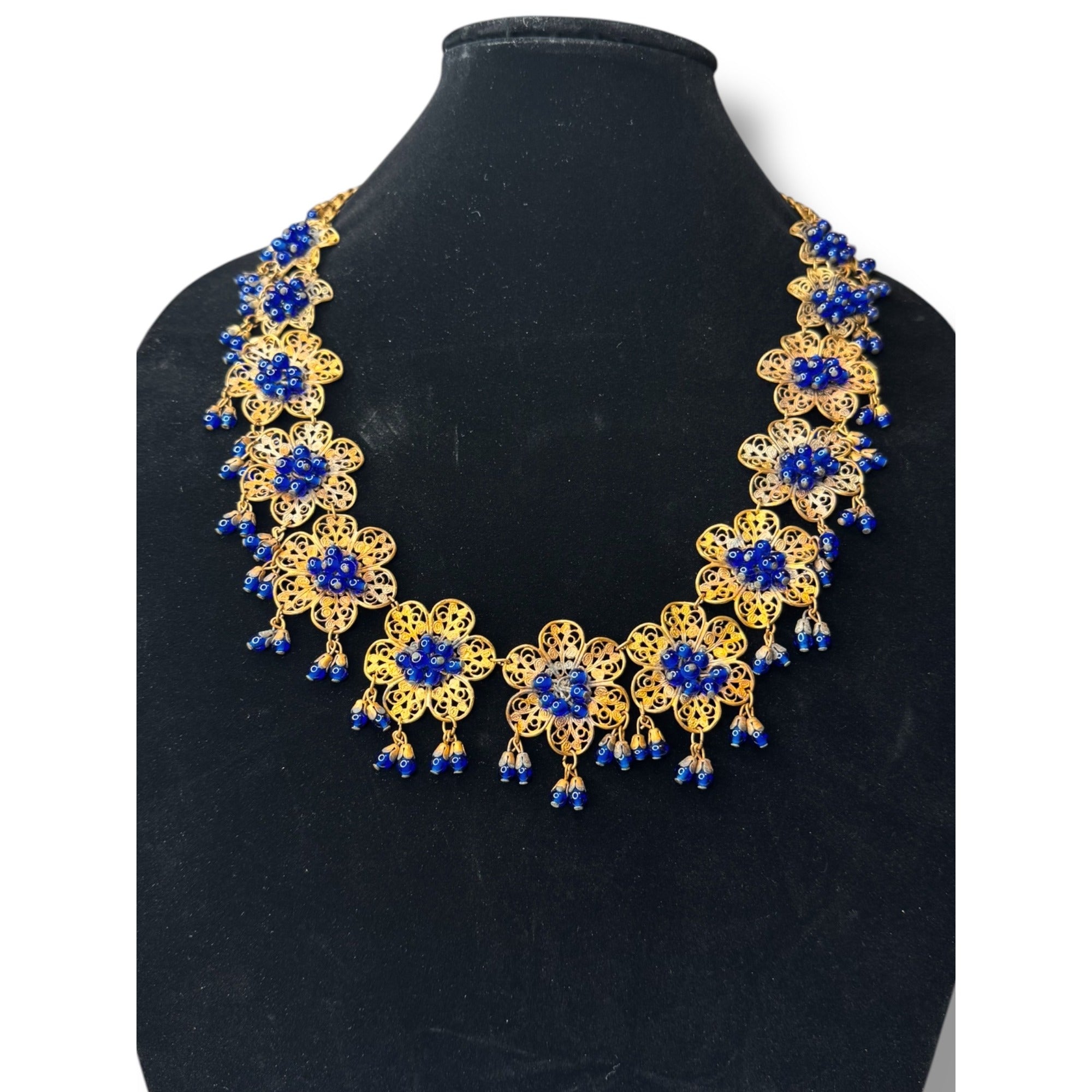 Vintage Miriam Haskell Filigree Floral Necklace Blue Glass Beads 1930s Pre-war