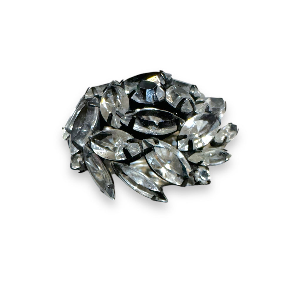 Japanned Metal Clear Crystal Brooch Open Back Navette Chaton Crystals Vintage