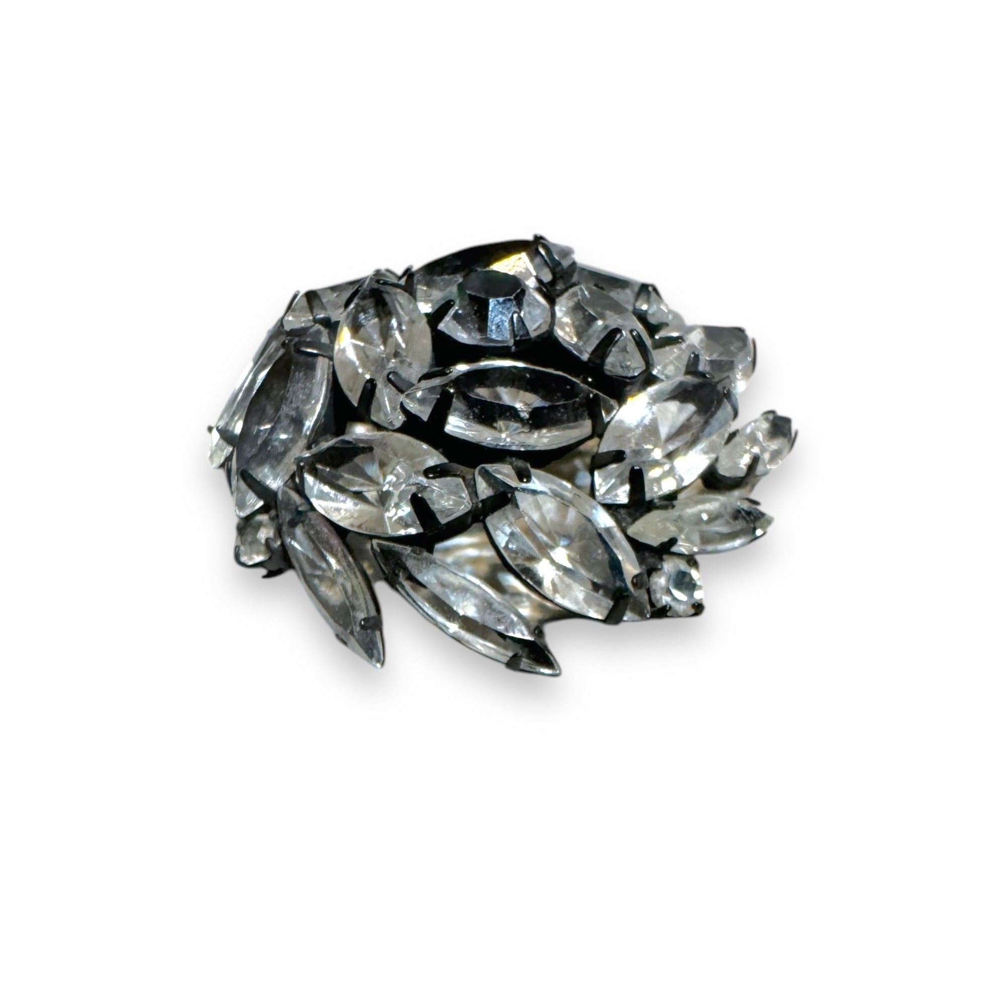 Japanned Metal Clear Crystal Brooch Open Back Navette Chaton Crystals Vintage