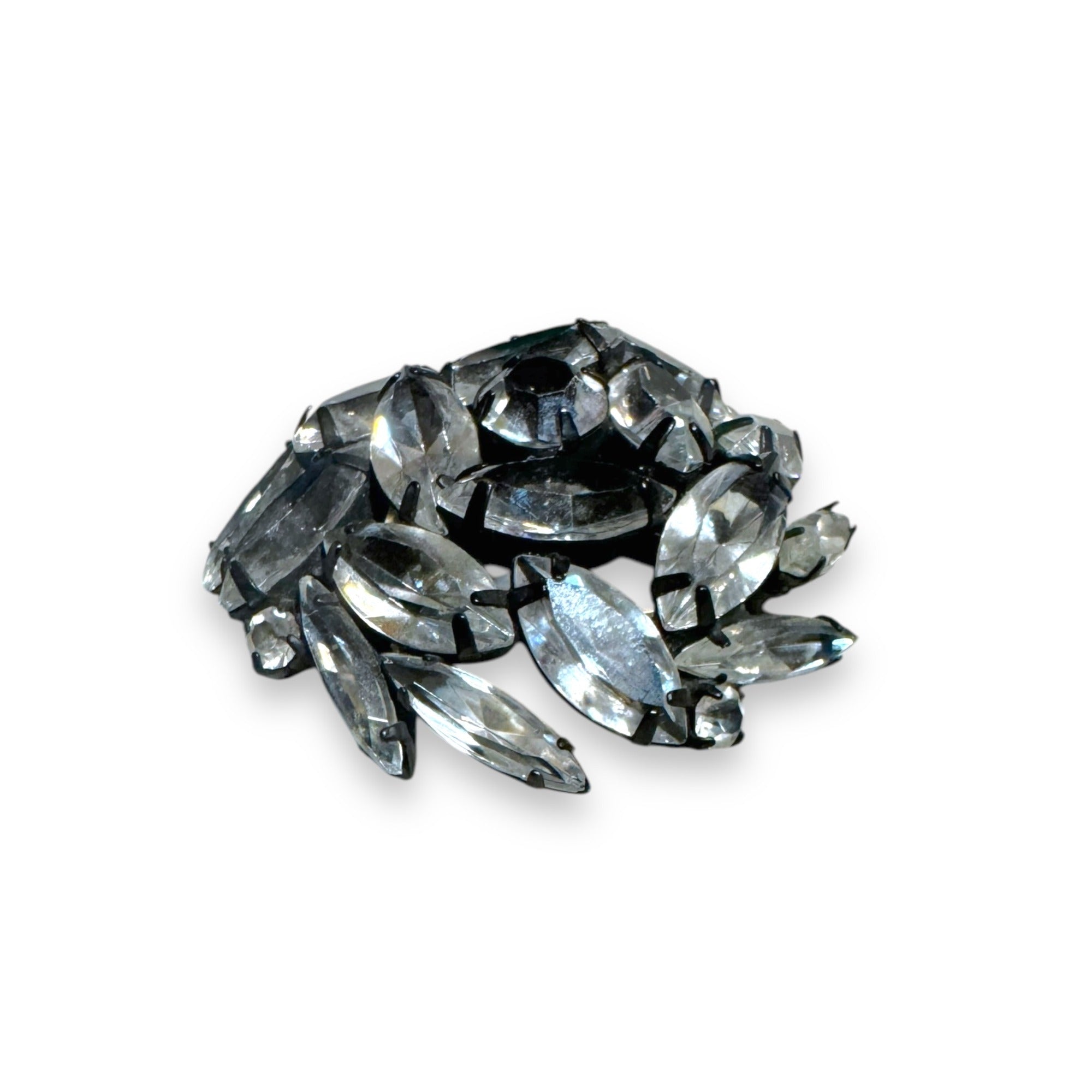 Japanned Metal Clear Crystal Brooch Open Back Navette Chaton Crystals Vintage