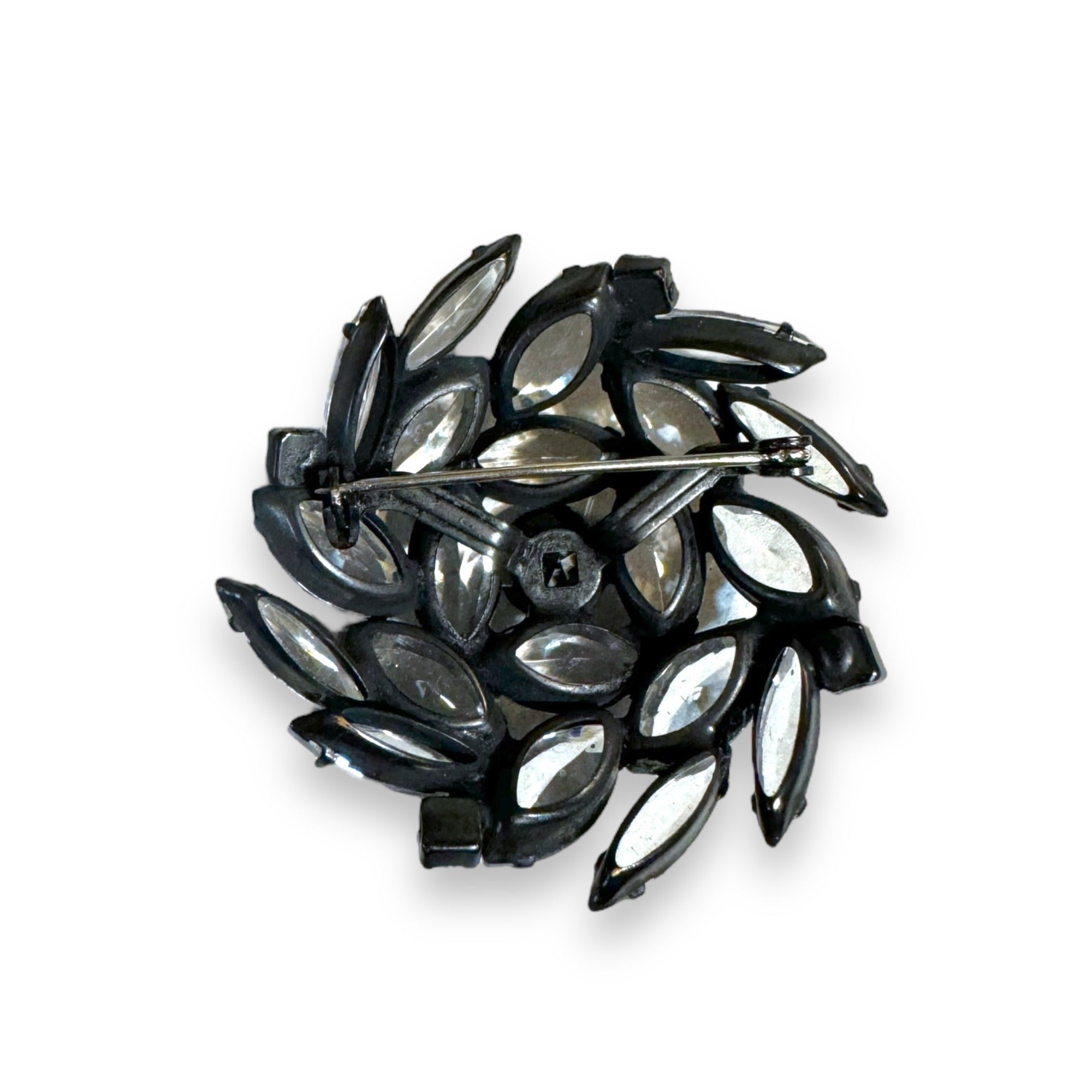 Japanned Metal Clear Crystal Brooch Open Back Navette Chaton Crystals Vintage