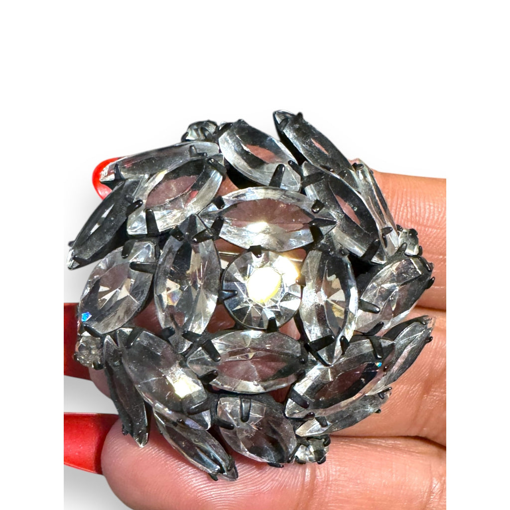 Japanned Metal Clear Crystal Brooch Open Back Navette Chaton Crystals Vintage