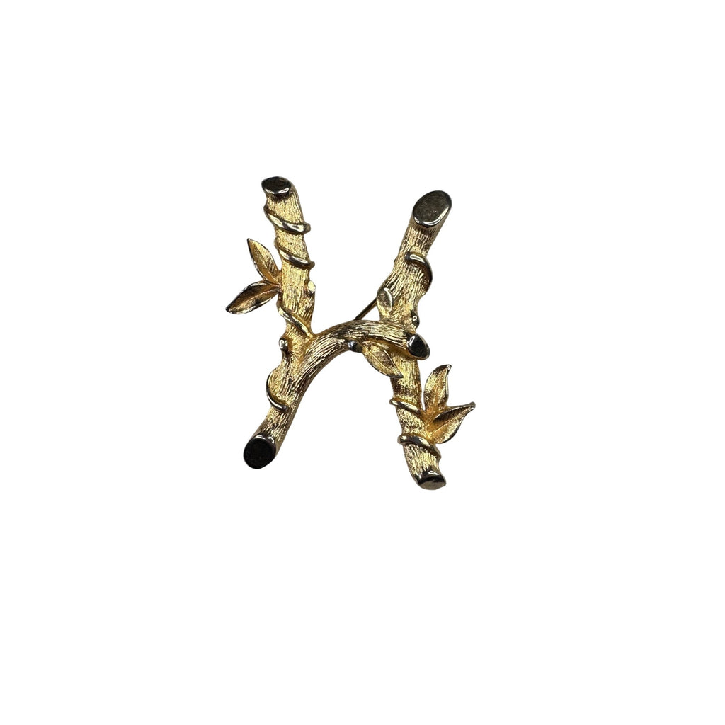 Sarah Coventry Bamboo Letter H Brooch Gold Tone 1970s Vintage