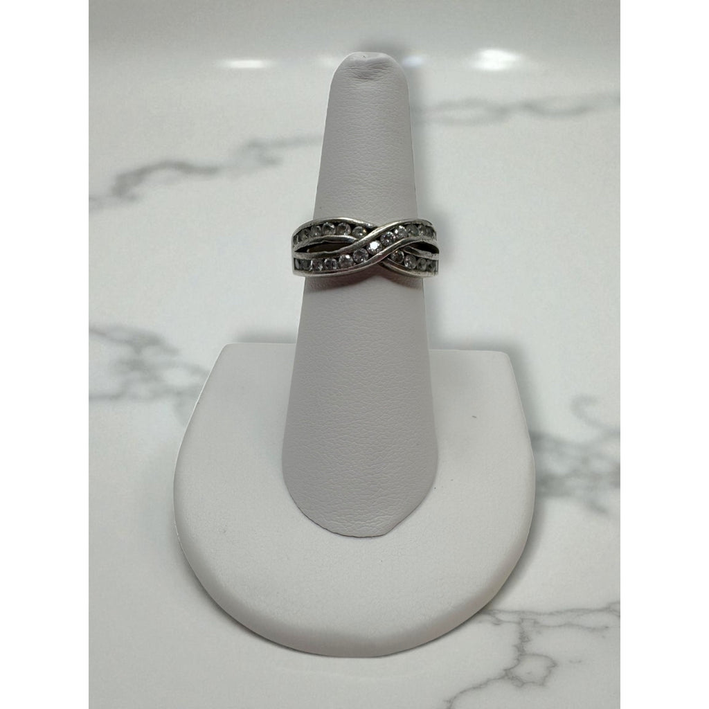 Sterling Silver Womens Swirl Ring With Glass Accents Size 7.25