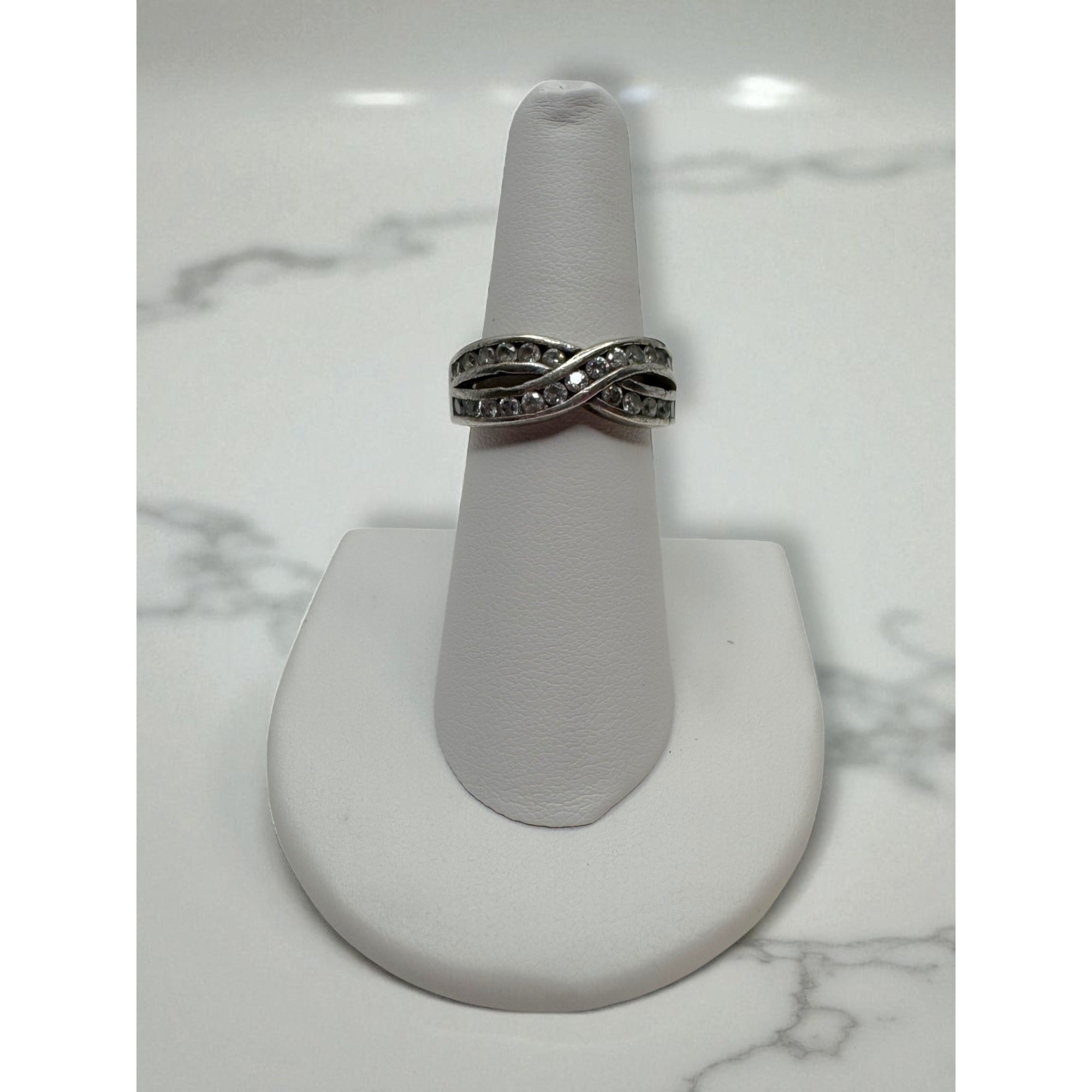 Sterling Silver Womens Swirl Ring With Glass Accents Size 7.25