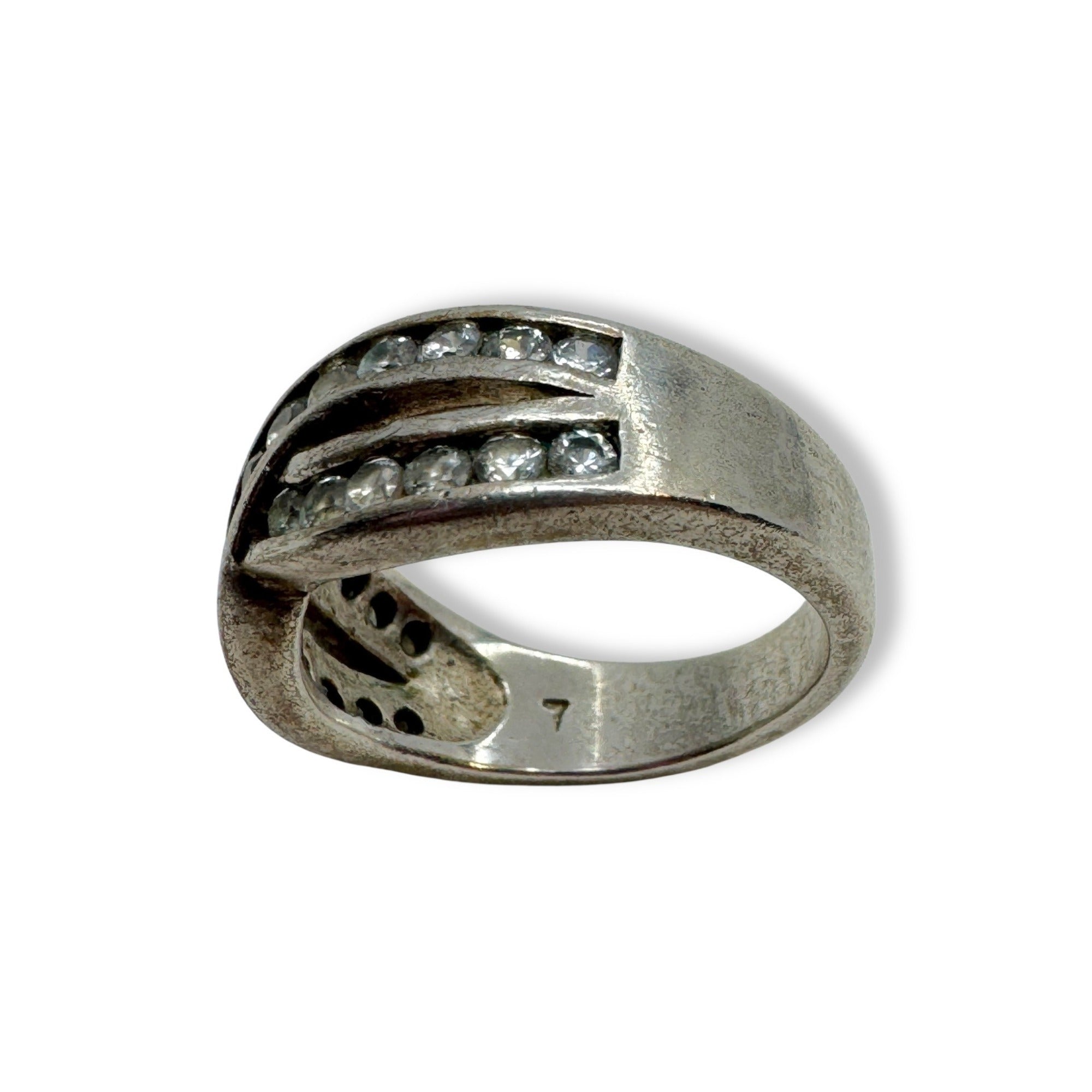 Sterling Silver Womens Swirl Ring With Glass Accents Size 7.25