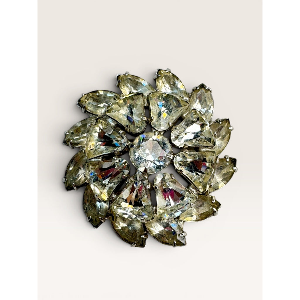 Weiss Mid Century Crystal Rhinestone Brooch Silver Tone Multi Cut Floral Vintage