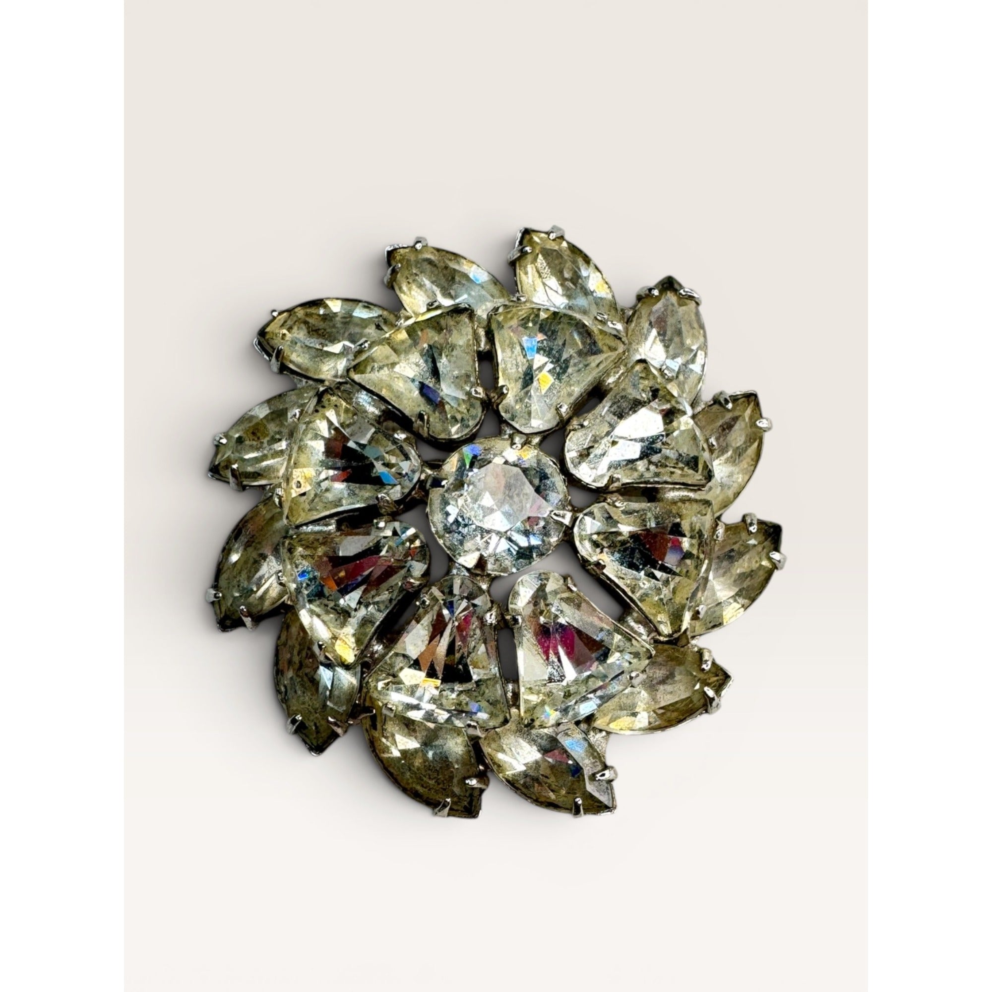 Weiss Mid Century Crystal Rhinestone Brooch Silver Tone Multi Cut Floral Vintage