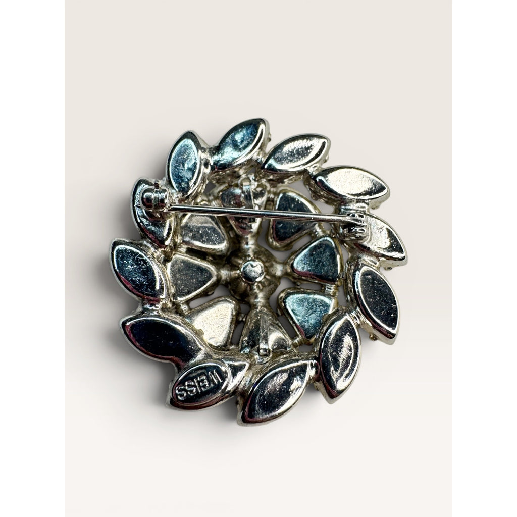 Weiss Mid Century Crystal Rhinestone Brooch Silver Tone Multi Cut Floral Vintage