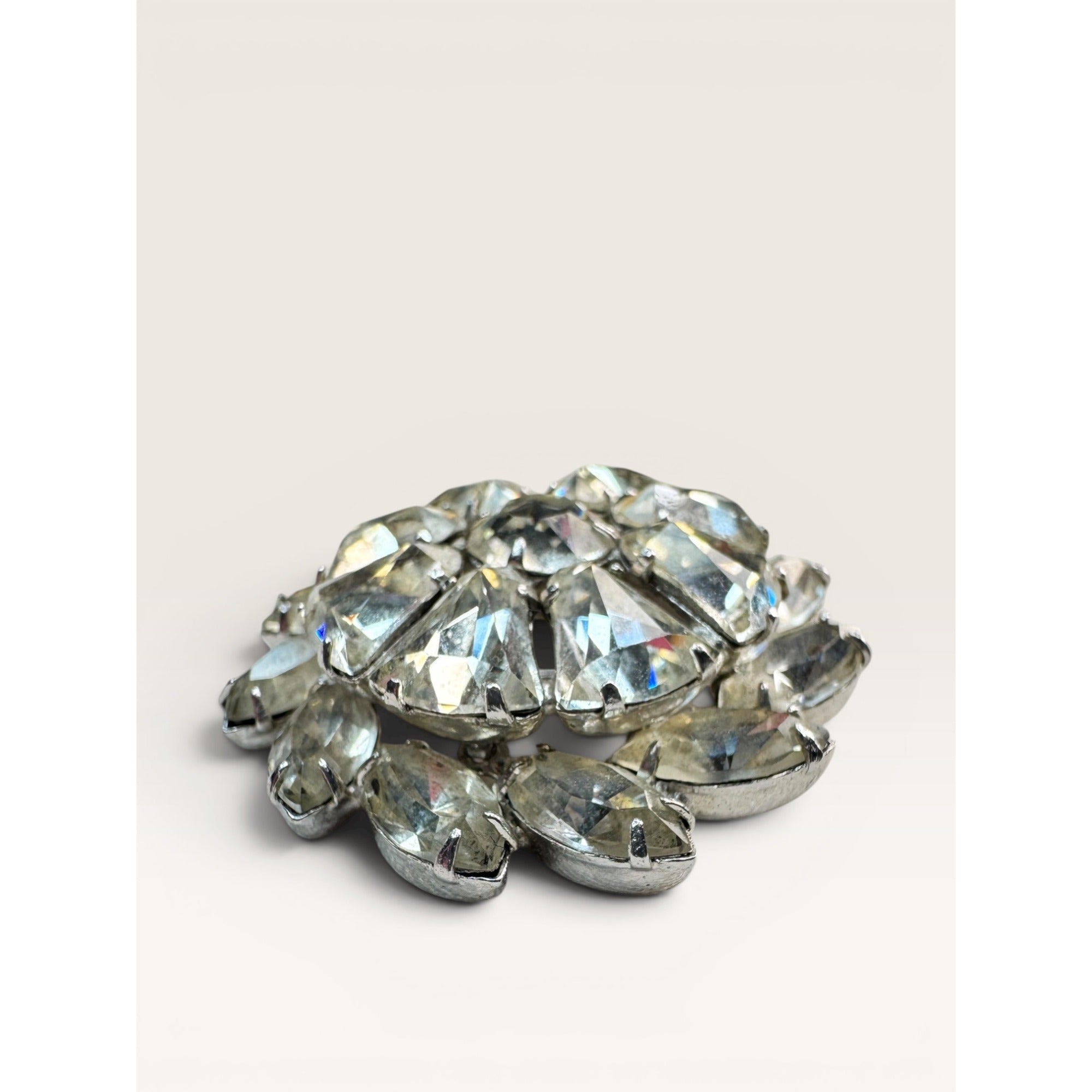 Weiss Mid Century Crystal Rhinestone Brooch Silver Tone Multi Cut Floral Vintage