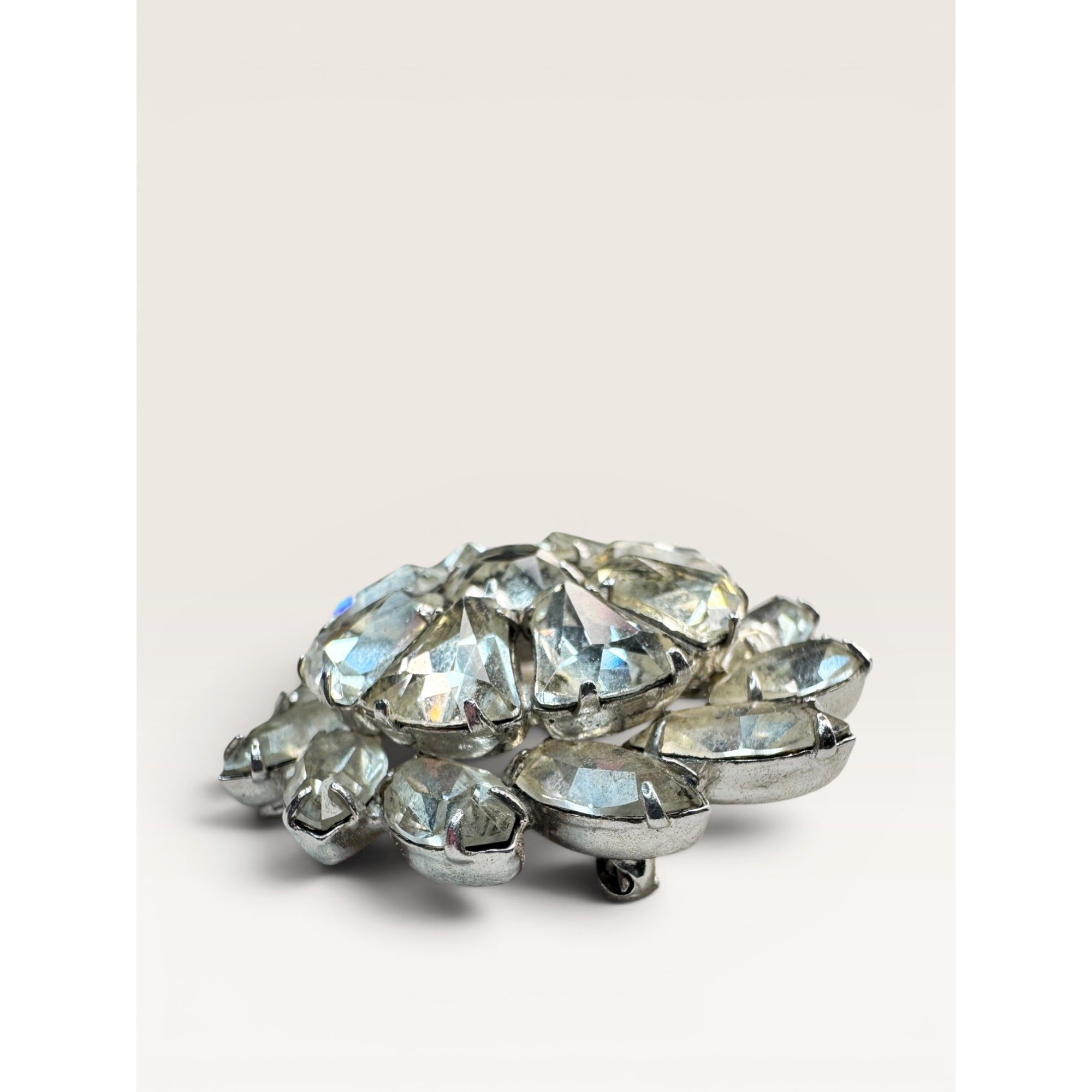 Weiss Mid Century Crystal Rhinestone Brooch Silver Tone Multi Cut Floral Vintage
