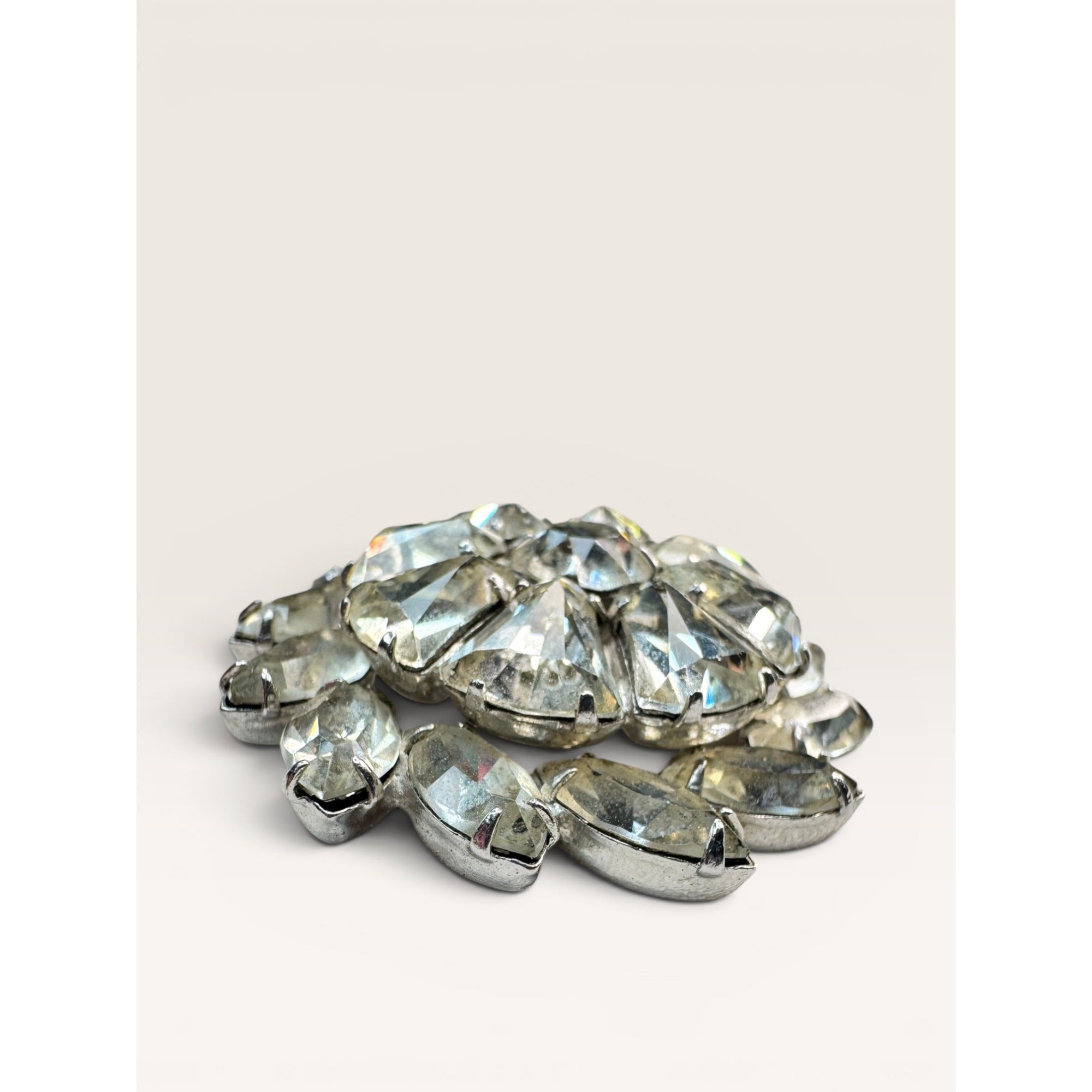 Weiss Mid Century Crystal Rhinestone Brooch Silver Tone Multi Cut Floral Vintage