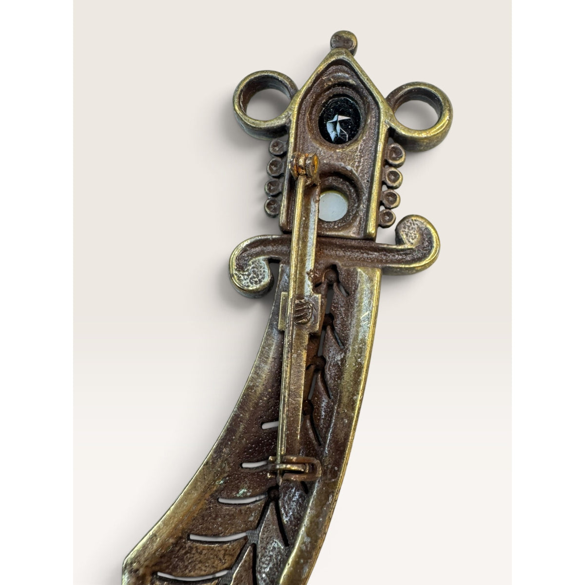 1960s Brass Scimitar Sword Dagger Faux Pearl Glass Brooch Pin 4.02"