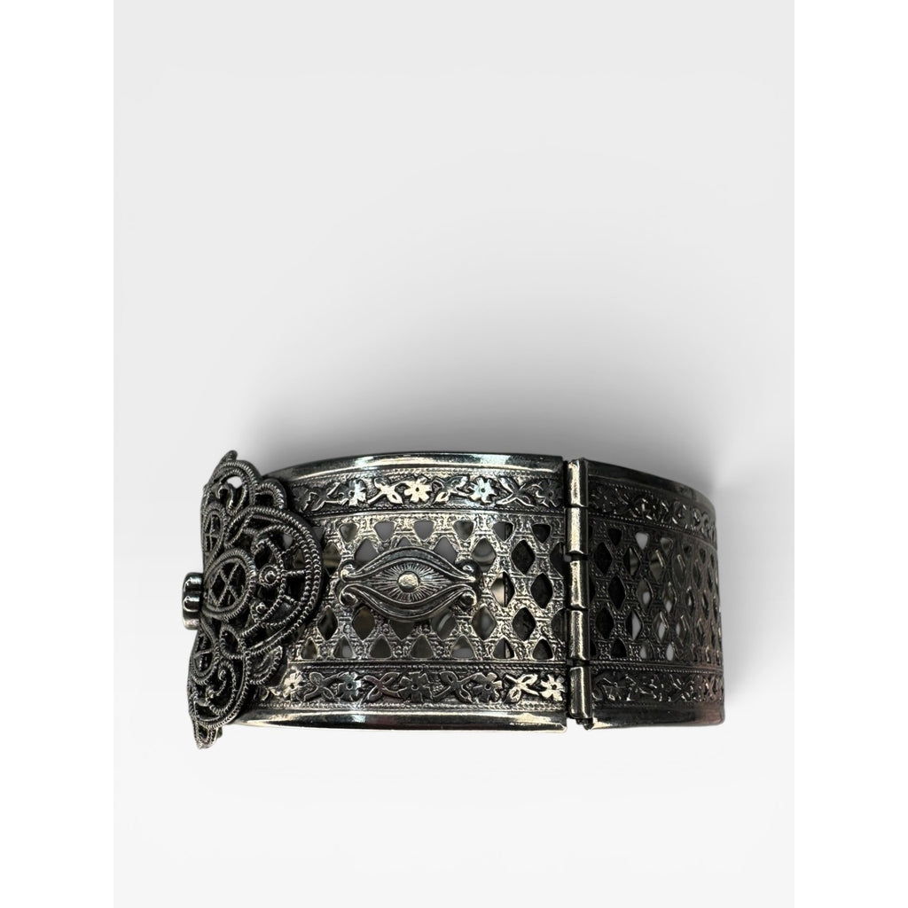 Freirich Silver Tone Evil Eye Hinged Cuff Bracelet Vintage