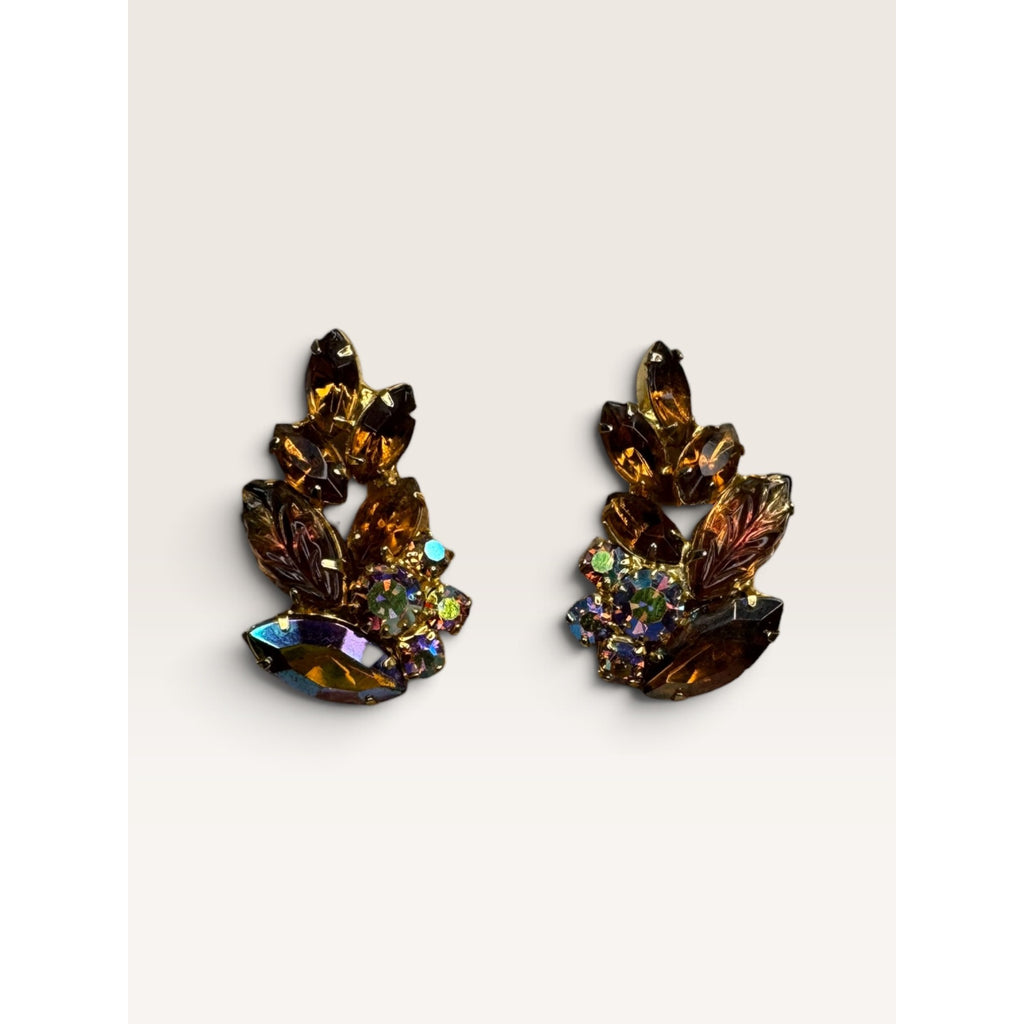 1950s Amber Carved Glass Leaf AB Rhinestone Spray Clip Earrings 1.31" Vintage