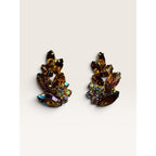 1950s Amber Carved Glass Leaf AB Rhinestone Spray Clip Earrings 1.31" Vintage