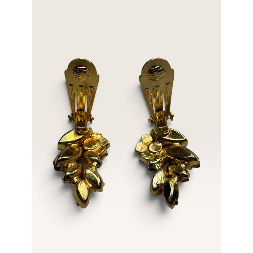 1950s Amber Carved Glass Leaf AB Rhinestone Spray Clip Earrings 1.31" Vintage