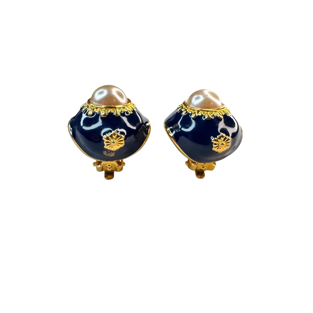 Joan Rivers Navy Enamel Faux Pearl Egg Drop Clip Earrings 1990s Vintage